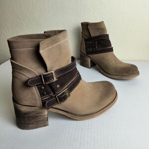 BED|STU Tan and Brown Ankle Moto Boots with Buckle Straps Size 7.5